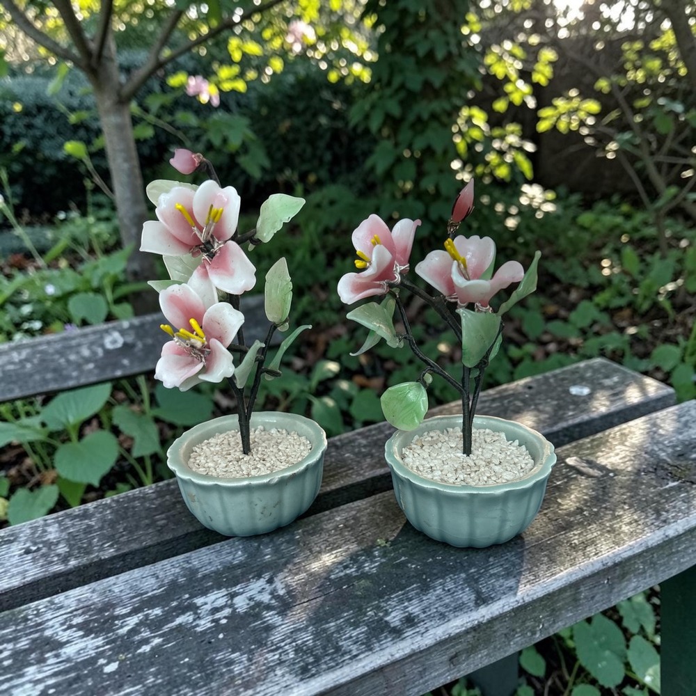 Vintage Chinese Glass Bonsai Tree Pair Pink Cherry Blossom Celadon Pot Set of 2